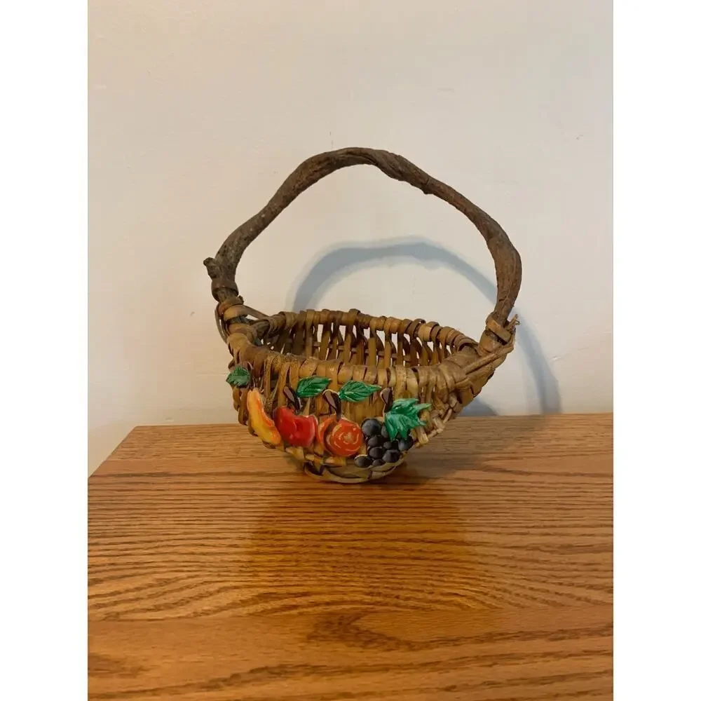 VTG Fruit Wicker Gathering Basket God's Eye Branch Handle Woven Hand Painted